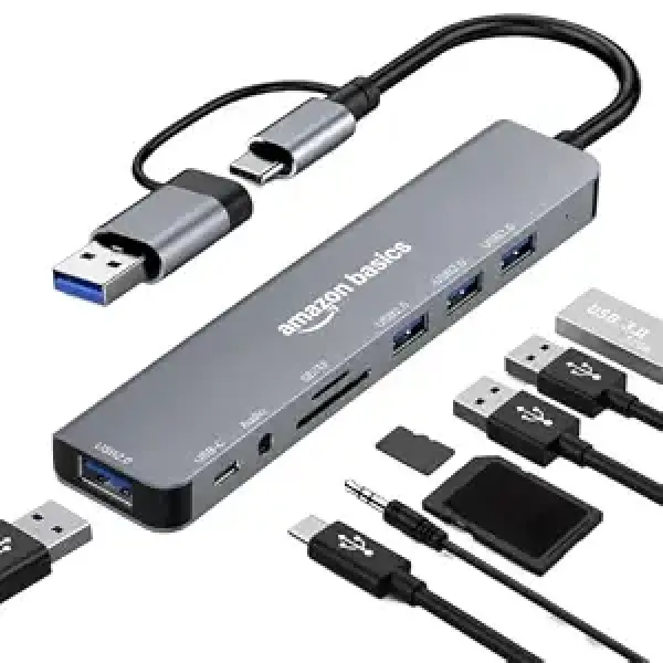Basics 8-in-1 USB Hub with Dual Plug (USB-A & USB-C), USB 3.0, 3 x USB 2.0, USB-C