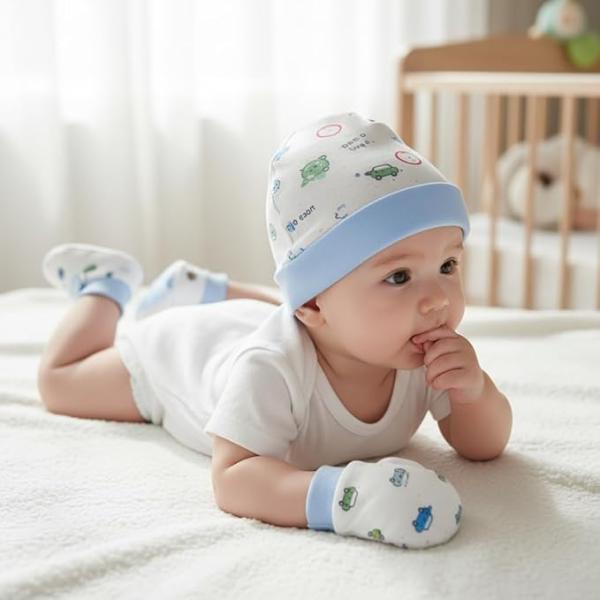 New Born Baby Cotton Gloves, Cap & Mittens Combo Set (0-3 Months) | Booty Set | Kids Gloves & Socks | Best Baby Gift | For Boys & Girls