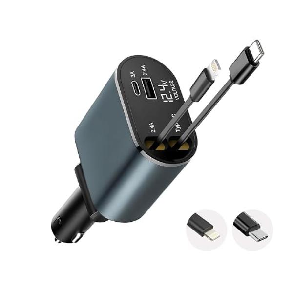 120W 4 in 1 Car Charger with 2 Retractable Cable (Type C & iPhone), 1 USB & 1 Type C Port- Universal Car Charger Compatible with All Android & iPhone Series