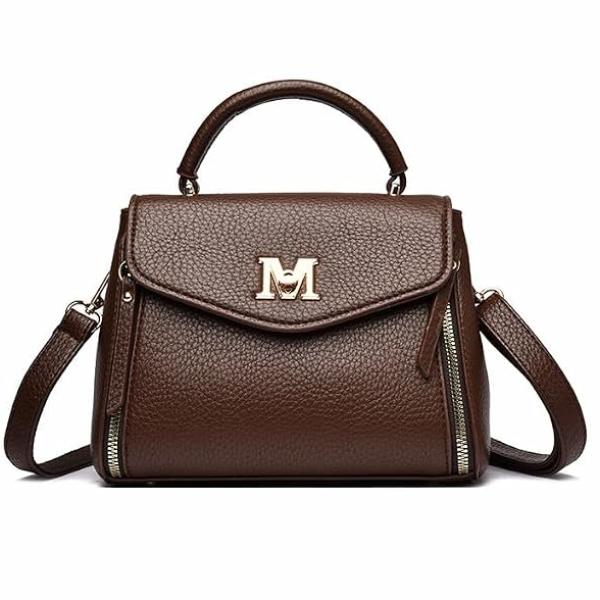 Diva Dale Brown Faux Leather Crossbody Handbag with Top Handle for Women Gold-Tone M Clasp, Detachable Shoulder Strap, Side Zip Pockets, Flap Closure, Textured Finish