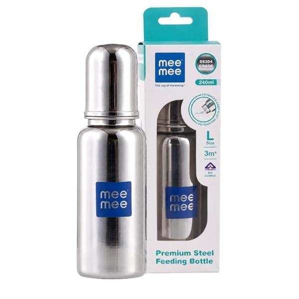 Mee Mee Anti-Colic Stainless Steel Baby Feeding Bottle, Food-Grade Silicone Teat, Wide Mouth, BPA-Free, Odour-Free, 100% Plastic-Free Body – Safe Infant Feeding-240ml