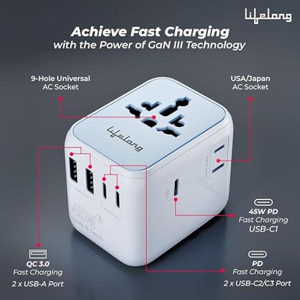Lifelong Electronics 2500W Universal Travel Adapter All in One | 3 Type-C 45W PD & 2 USB-A 18W QC 3.0 | Dual Fuse Protection | 180+ Countries - Europe/US/Asia etc | International Socket