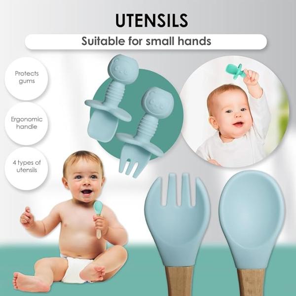 Free Silicone Baby Feeding Set | Microwave Safe | Complete Set for Feeding & Baby Training | Anti-Slip Base | Babies & Toddlers with Suction Plate Bowl Cup Spoon Fork & Bib