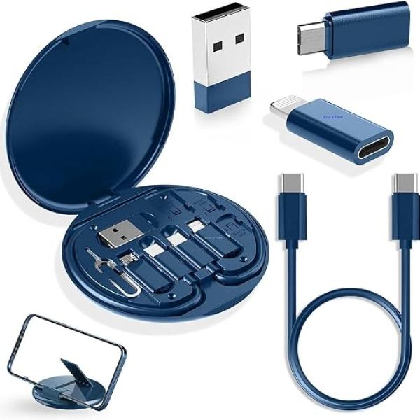 All in one 60W USB Fast Charging Travel Data Cable Set Multifunctional Conversion Head Portable Multi-Type Charging Connector USB TypeC Adapter Sim Storage with Sim Eject Pin and Mobile Stand