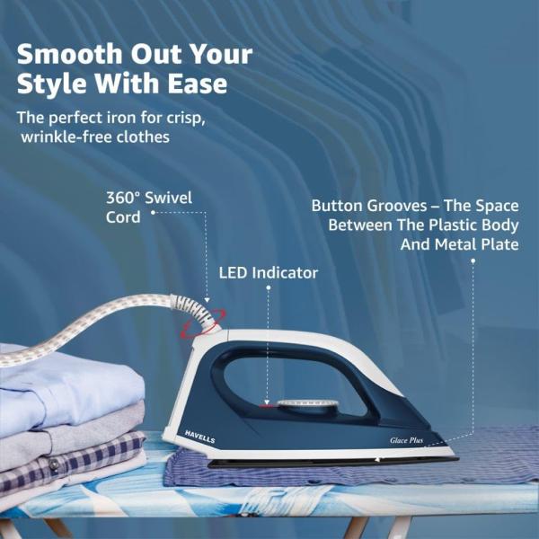 Havells best Glace Plus 1000 Watts Dry Iron Press| 2X Non Stick Greblon Coating from Germany| 2X ISI Certified Safety & Performance| Fire Retardant Body