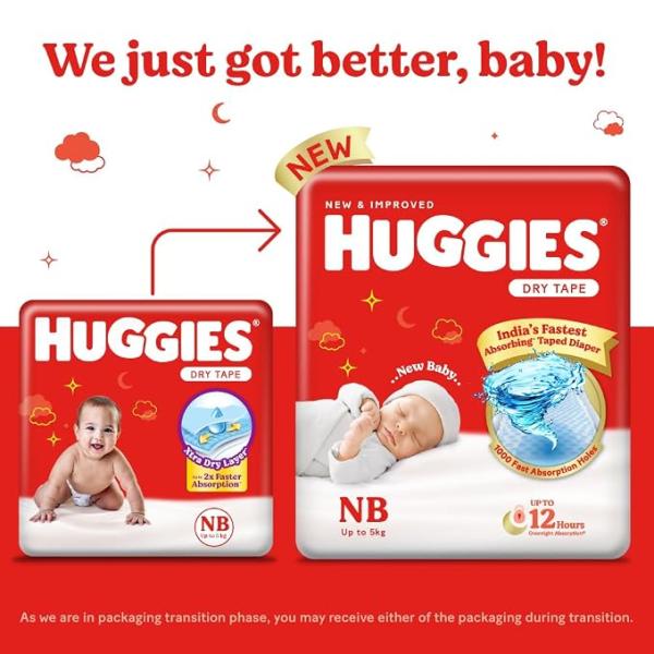 Huggies Complete Comfort Dry Tape Newborn - (NB/XS) Size Baby Tape Diapers, Combo Pack of 2, 72 count, with 5 in 1 Comfort (36 Count, Pack of 2)
