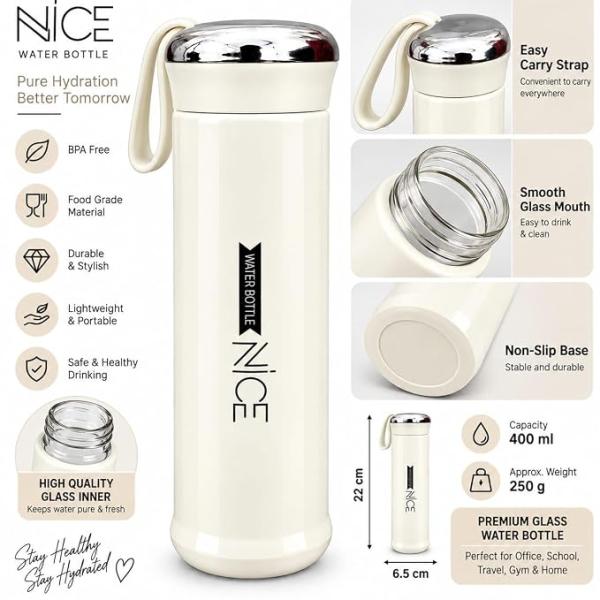 Water Bottle with Glass Inner, 400 ml, Cream