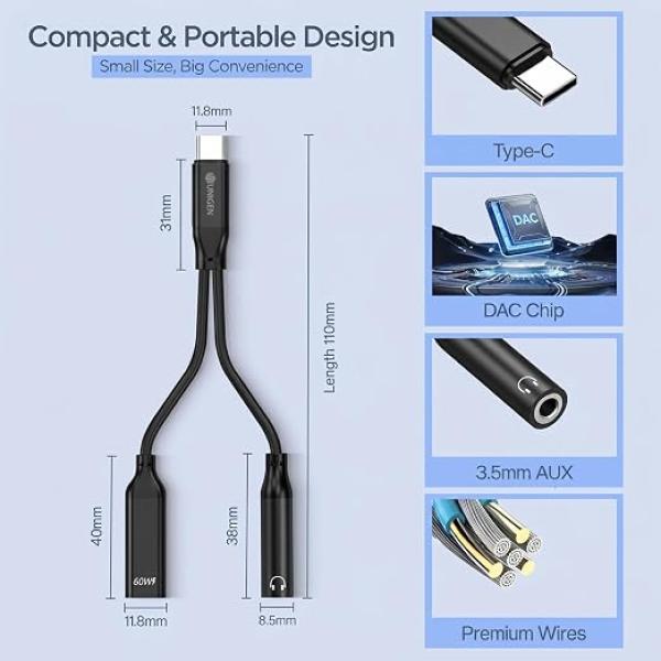 2 in 1 USB C to 3.5mm Headphone and Charger Adapter, AUX Mic Jack with PD Up to 60W Fast Charging for Stereo, Earphones, Compatible with Samsung Galaxy S25/S24/S23/S22+, Google Pixel 8/7