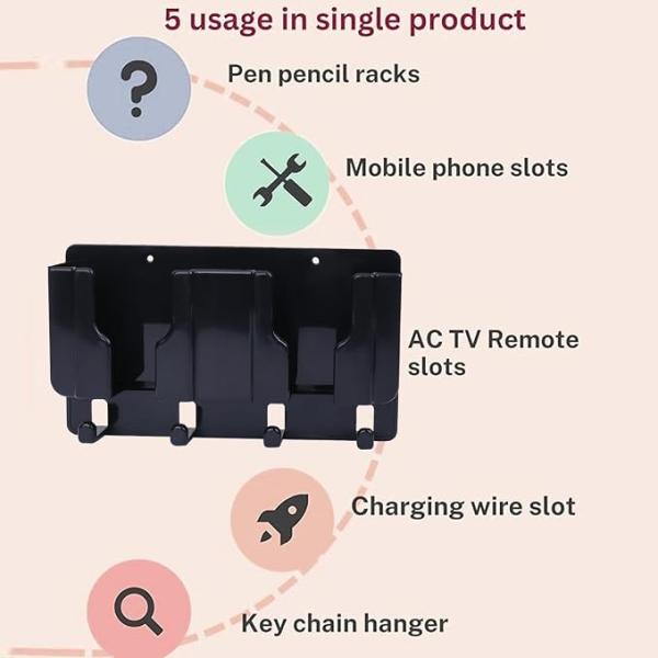 WALLVIEW TECH Plastic Wall Mount Mobile Holder with Remote Control Storage Racks, Key Hanger, Pen Holder Space/Self-Adhesive/Multi Purpose Accessories