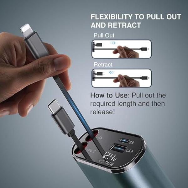 120W 4 in 1 Car Charger with 2 Retractable Cable (Type C & iPhone), 1 USB & 1 Type C Port- Universal Car Charger Compatible with All Android & iPhone Series