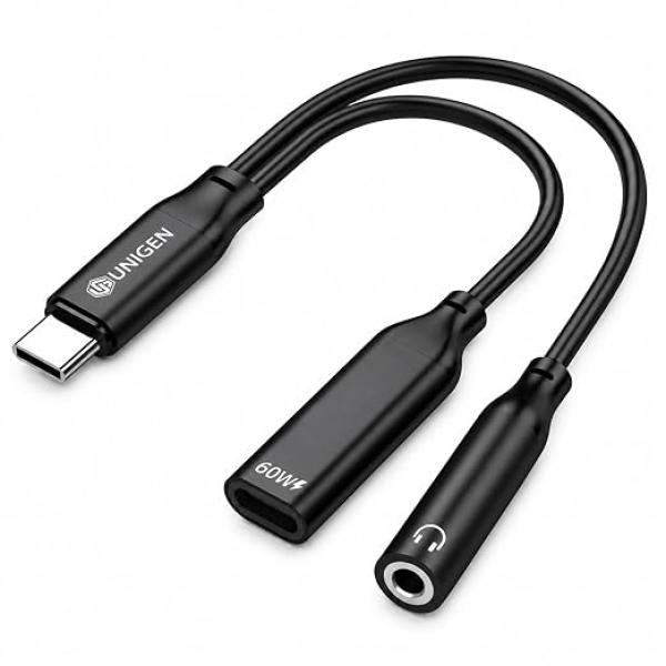 2 in 1 USB C to 3.5mm Headphone and Charger Adapter, AUX Mic Jack with PD Up to 60W Fast Charging for Stereo, Earphones, Compatible with Samsung Galaxy S25/S24/S23/S22+, Google Pixel 8/7