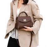 Diva Dale Brown Faux Leather Crossbody Handbag with Top Handle for Women Gold-Tone M Clasp, Detachable Shoulder Strap, Side Zip Pockets, Flap Closure, Textured Finish