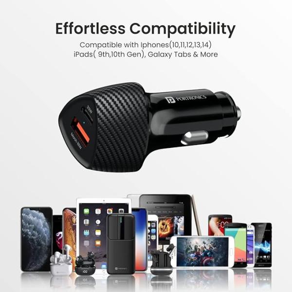 Portronics 51W Car Power 16 Fast Car Charger with Dual Output, 51 Watts Total (18W USB + 33W Type C PD), Fast Charging, Adapter for iPhone & Android Smartphones and Tablets