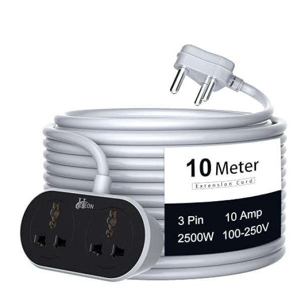 BEST QUALITY 10 Meter Cable, 2500W/10A Extension Cord, 2 Outlets Surge Protection Extension Cable, Heavy Duty Long Wire Extension, 3 Pins Power Cord, Expandable Power Strip for Home Office