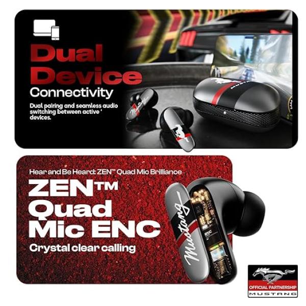 GOBOULT x Mustang Dyno Earbuds with 60H Playtime, App Support, Dual Pairing, 4 Mics ENC, 45ms Low Latency, 13mm Drivers, Touch Controls, Made in India, IPX5 Ear Buds Wireless