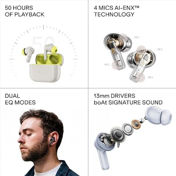 boAt Airdopes 141, Up to 50 Hours Playtime, Quad Mics ENx™ Tech, Dual EQ Modes, 13mm Drivers, Beast™ Mode, ASAP™ Charge, IWP™ Technology, BT v5.3, IPX4 Resistant TWS Earbuds