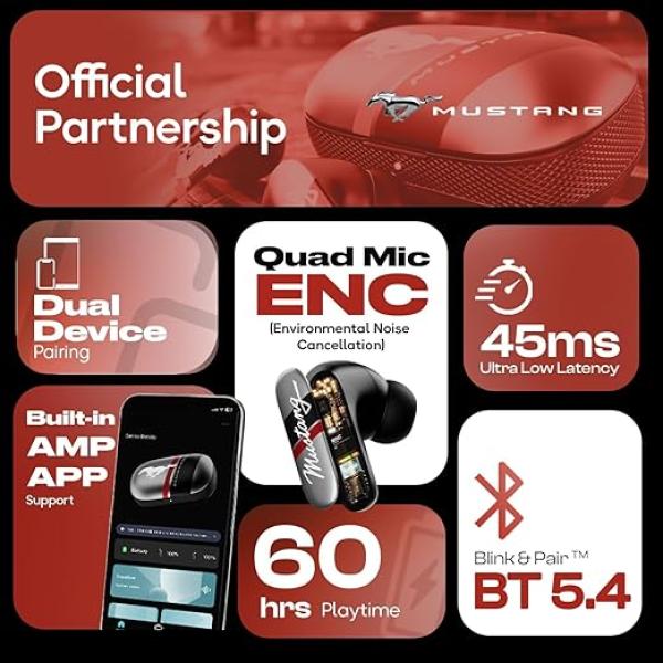 GOBOULT x Mustang Dyno Earbuds with 60H Playtime, App Support, Dual Pairing, 4 Mics ENC, 45ms Low Latency, 13mm Drivers, Touch Controls, Made in India, IPX5 Ear Buds Wireless