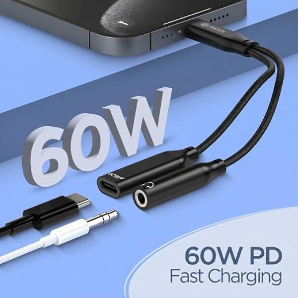 2 in 1 USB C to 3.5mm Headphone and Charger Adapter, AUX Mic Jack with PD Up to 60W Fast Charging for Stereo, Earphones, Compatible with Samsung Galaxy S25/S24/S23/S22+, Google Pixel 8/7
