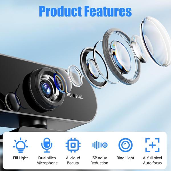 Webcam for PC with Microphone HD 1080P USB Webcams Noise Cancellation Wide Angle Lens Auto Light Correction USB for Zoom Skype Facetime Windows Linux macOS for Live Streaming