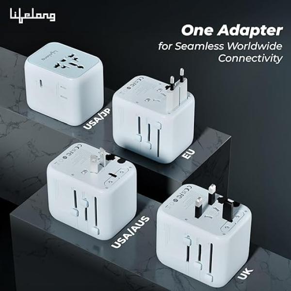 Lifelong Electronics 2500W Universal Travel Adapter All in One | 3 Type-C 45W PD & 2 USB-A 18W QC 3.0 | Dual Fuse Protection | 180+ Countries - Europe/US/Asia etc | International Socket