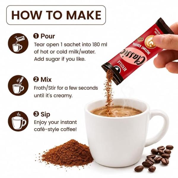 Instant Coffee Powder Sachets (4 Flavours)  Hazelnut, Classic, Vanilla & Butterscotch Flavor  Arabica Coffee | Perfect for Espresso, Latte,Cappuccino | Hot & Cold Coffee