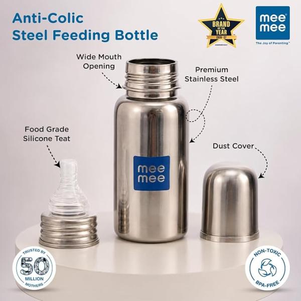 Mee Mee Anti-Colic Stainless Steel Baby Feeding Bottle, Food-Grade Silicone Teat, Wide Mouth, BPA-Free, Odour-Free, 100% Plastic-Free Body – Safe Infant Feeding-240ml