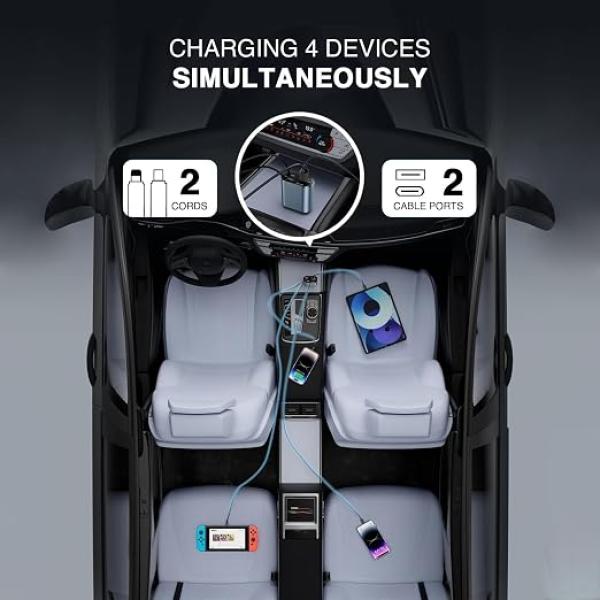 120W 4 in 1 Car Charger with 2 Retractable Cable (Type C & iPhone), 1 USB & 1 Type C Port- Universal Car Charger Compatible with All Android & iPhone Series