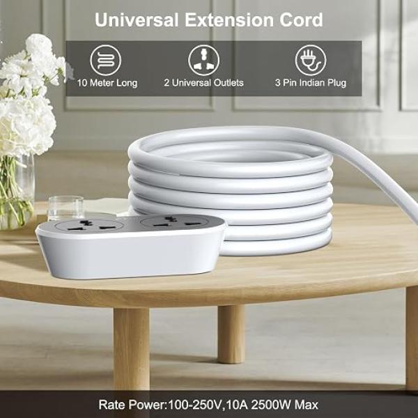 BEST QUALITY 10 Meter Cable, 2500W/10A Extension Cord, 2 Outlets Surge Protection Extension Cable, Heavy Duty Long Wire Extension, 3 Pins Power Cord, Expandable Power Strip for Home Office