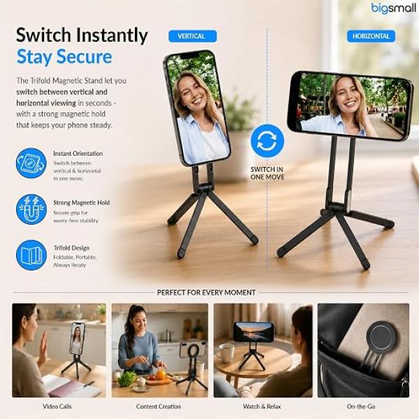 Tripod Stand for iPhone & Smartphones | Foldable Magnetic Phone Holder with Clip | Portable Aluminum Stand for Vlogging, Video Calls & Travel | Includes 2 Magnetic Rings