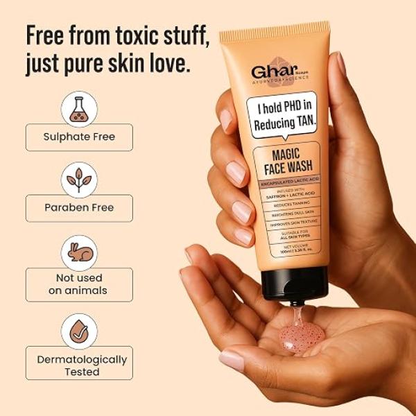 Ghar Soaps De-Tan Face Wash | For Tan Reducing, Brightening & Glowing Skin | With Sandalwood, Saffron, Coconut Oil & Goat milk | For All Skin Types | 100ml