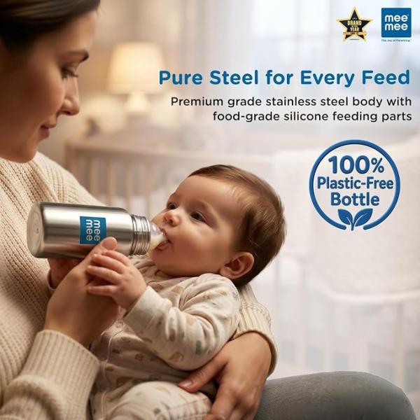 Mee Mee Anti-Colic Stainless Steel Baby Feeding Bottle, Food-Grade Silicone Teat, Wide Mouth, BPA-Free, Odour-Free, 100% Plastic-Free Body – Safe Infant Feeding-240ml