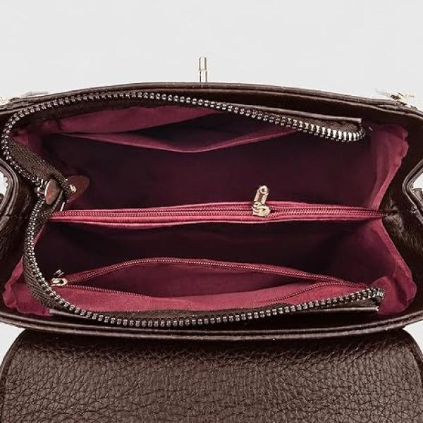Diva Dale Brown Faux Leather Crossbody Handbag with Top Handle for Women Gold-Tone M Clasp, Detachable Shoulder Strap, Side Zip Pockets, Flap Closure, Textured Finish