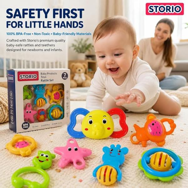 Storio Baby Products Toys 7 Pcs Rattle Set with Teathers for New Born Baby Gifts, Toy for Babies
