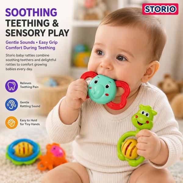 Storio Baby Products Toys 7 Pcs Rattle Set with Teathers for New Born Baby Gifts, Toy for Babies