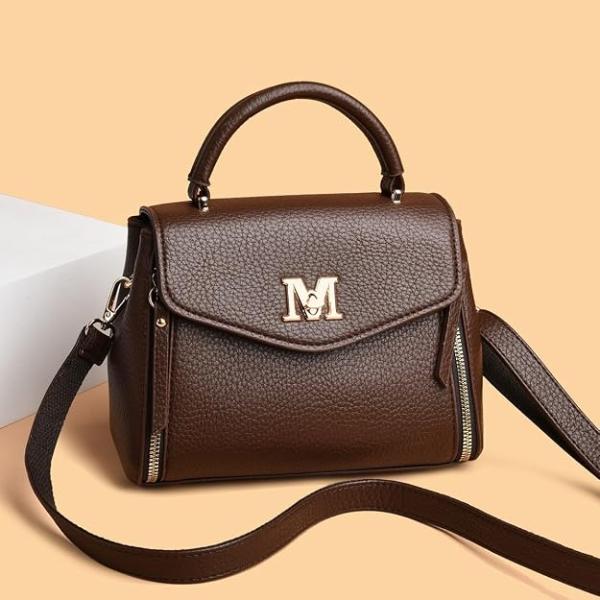 Diva Dale Brown Faux Leather Crossbody Handbag with Top Handle for Women Gold-Tone M Clasp, Detachable Shoulder Strap, Side Zip Pockets, Flap Closure, Textured Finish