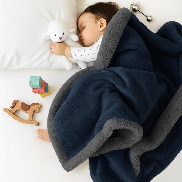 Cloth Fusion All Season Soft Baby Blanket for Kids, 0-5 Years, 45x60 inch Navy & Grey, Dual Layer Plush Fleece Sherpa & Flannel, Lightweight Warm Newborn Blanket for Crib, Stroller,
