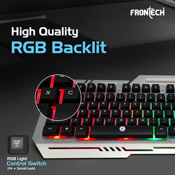 Frontech Wired Gaming Keyboard and Mouse Combo, Metal Base Keyboard with RGB Backlit Key, RGB Optical Mouse with 6 Buttons & 2400 DPI, USB Plug & Play, 1 Year Warranty