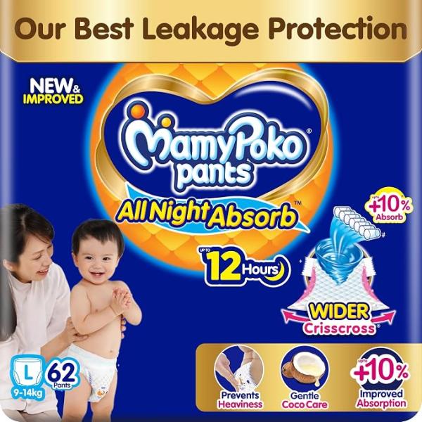 New Mamypoko Pants Premium All Night Absorb| Pant Style Baby Diapers Large Size(L), 62 Count, Ideal for 9-14Kgs|1 Diaper= Upto All Night Absorption 12hr Leakage Protection| Prevent