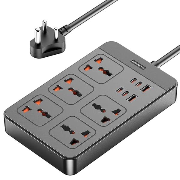 Ambrane Extension Board, 4 Type C, 2 USB, 5 International Power Sockets, 2500W Output, Long Cable, Wall Mount Option, Supports Laptop Charging for Office, Home Appliances