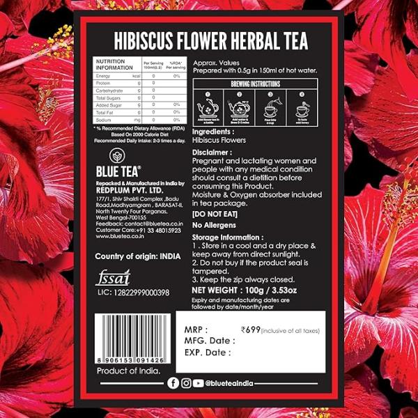 BLUE TEA - Hibiscus Flower Tea - 100g | SKIN GLOW ENHANCING TEA | Caffeine Free - Flower Based - Tangy Flavor
